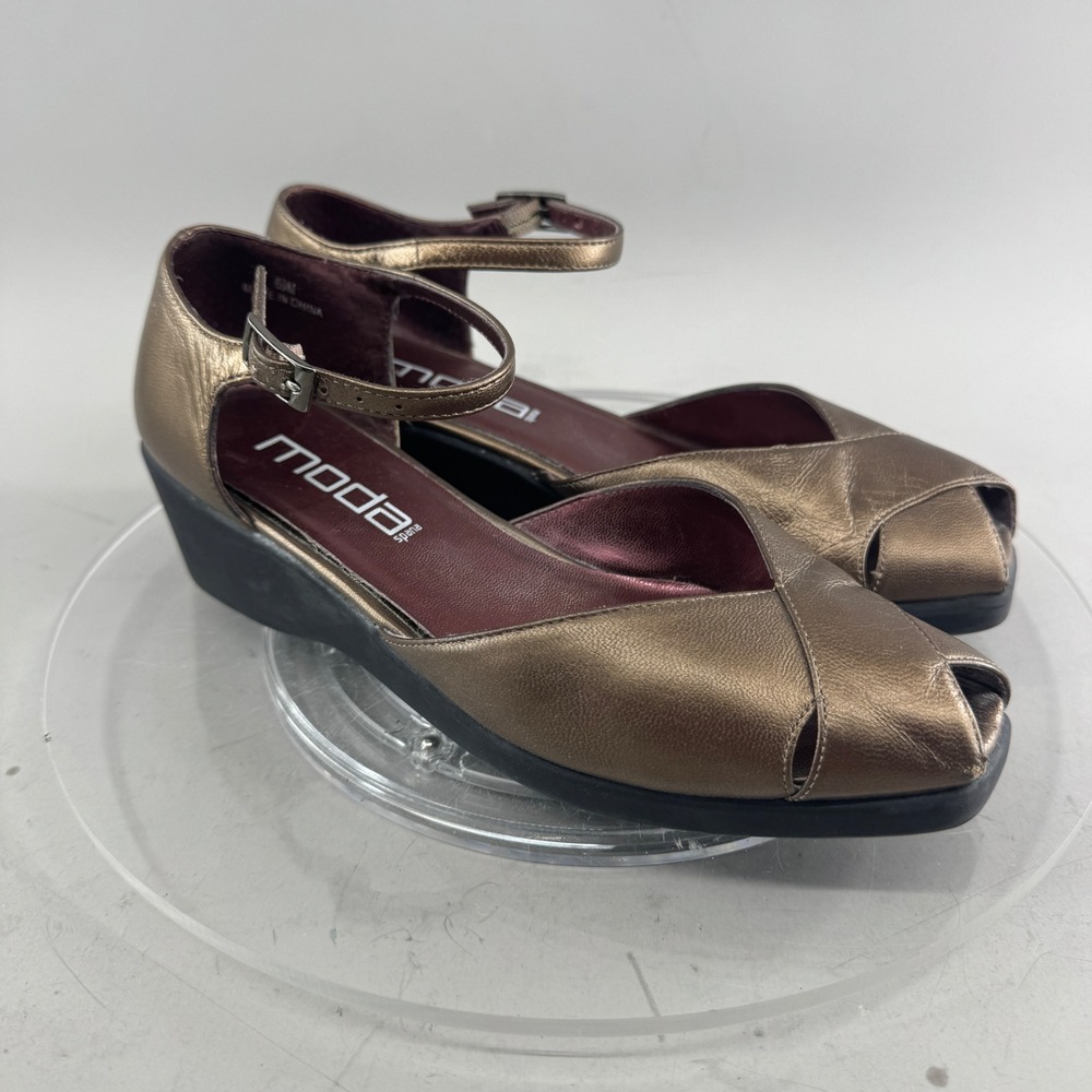 Moda Spana Women Metallic Bronze Leather Peep Toe Ankle Strap Wedge Sandals 6.5M